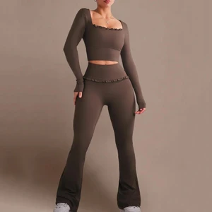 Wholesale Price Fashionable OEM Custom logo New Activewear Sports Breathable Lace U Neck Gym Leggings Long Sleeve Sets Woman