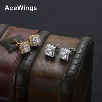 E034 bling bling CZ earrings Men Brass setting zircon stud earrings hip hop jewelry