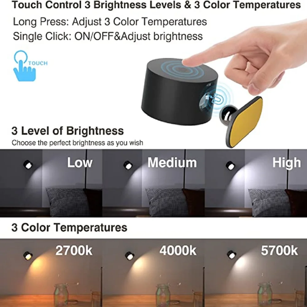 New USB Rechargeable 360 Degree Rotate Magnetic Wall Lamp Touch Control LED Mounted Reading Wall Light for Bedroom