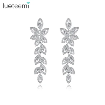LUOTEEMI Wedding Jewelry Boho Earring Full Crystal Rhinestone Loog Drop Leaf-Shape Bridal Jewelry Earrings