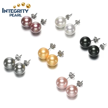 925 Sterling Silver 8mm 10mm 12mm Round Imitation Sea Shell Pearl Stud Earrings for women