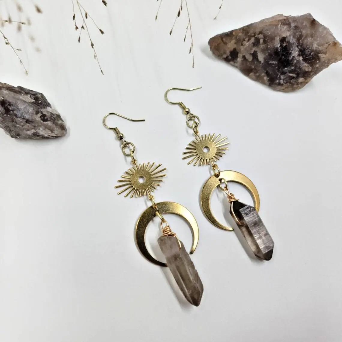 Elegant Gold and Smoky Quartz Crystal Gemstone Earrings, Long Dangle Earrings for Women, Birthday Gift, Women jewelry fashion Gift Ideas