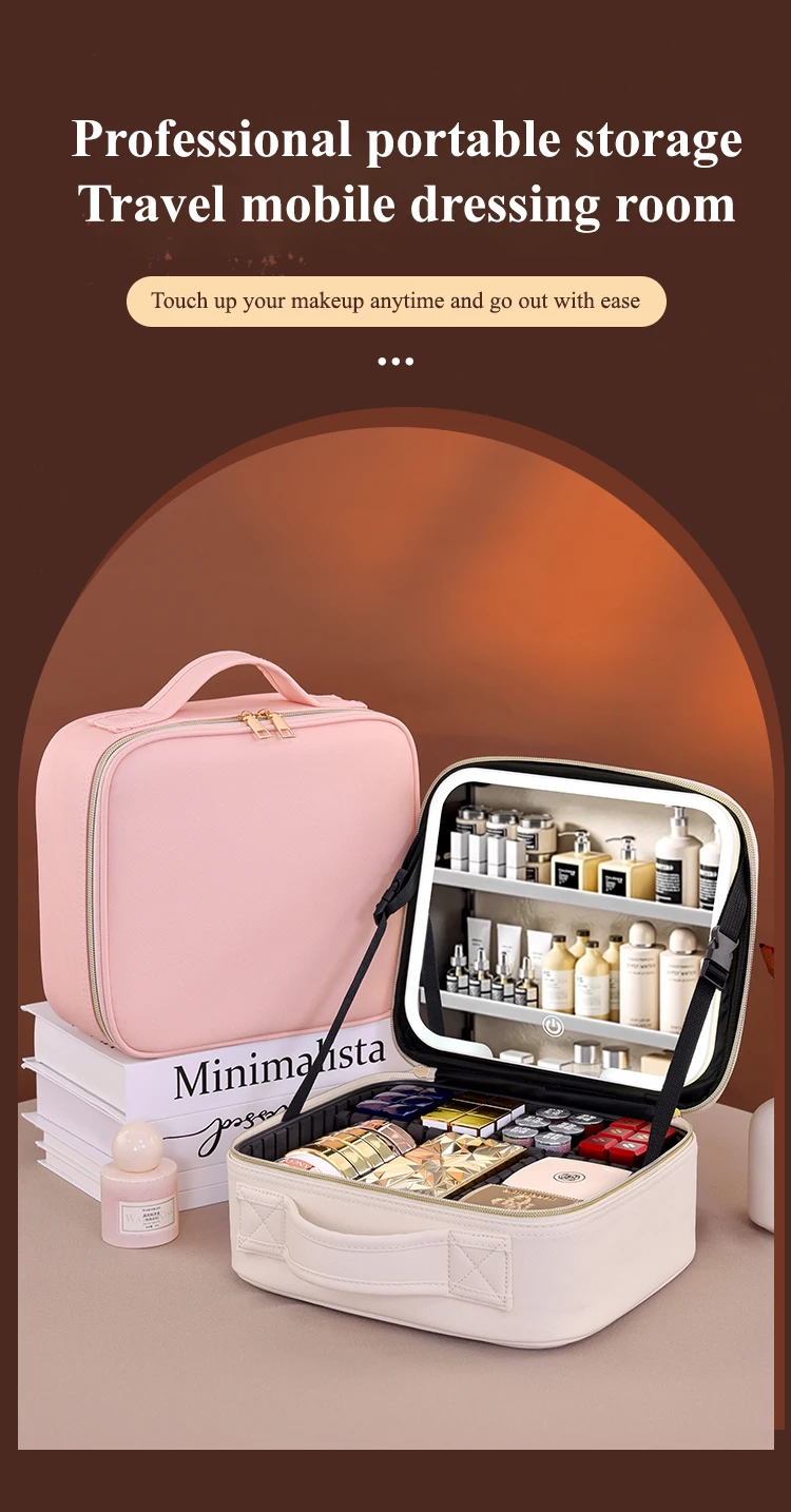 Travel Bags Box Led Light Large Capacity Makeup Case Storage Bag Waterproof PU Cosmetic Case with Led Lights and Mirror