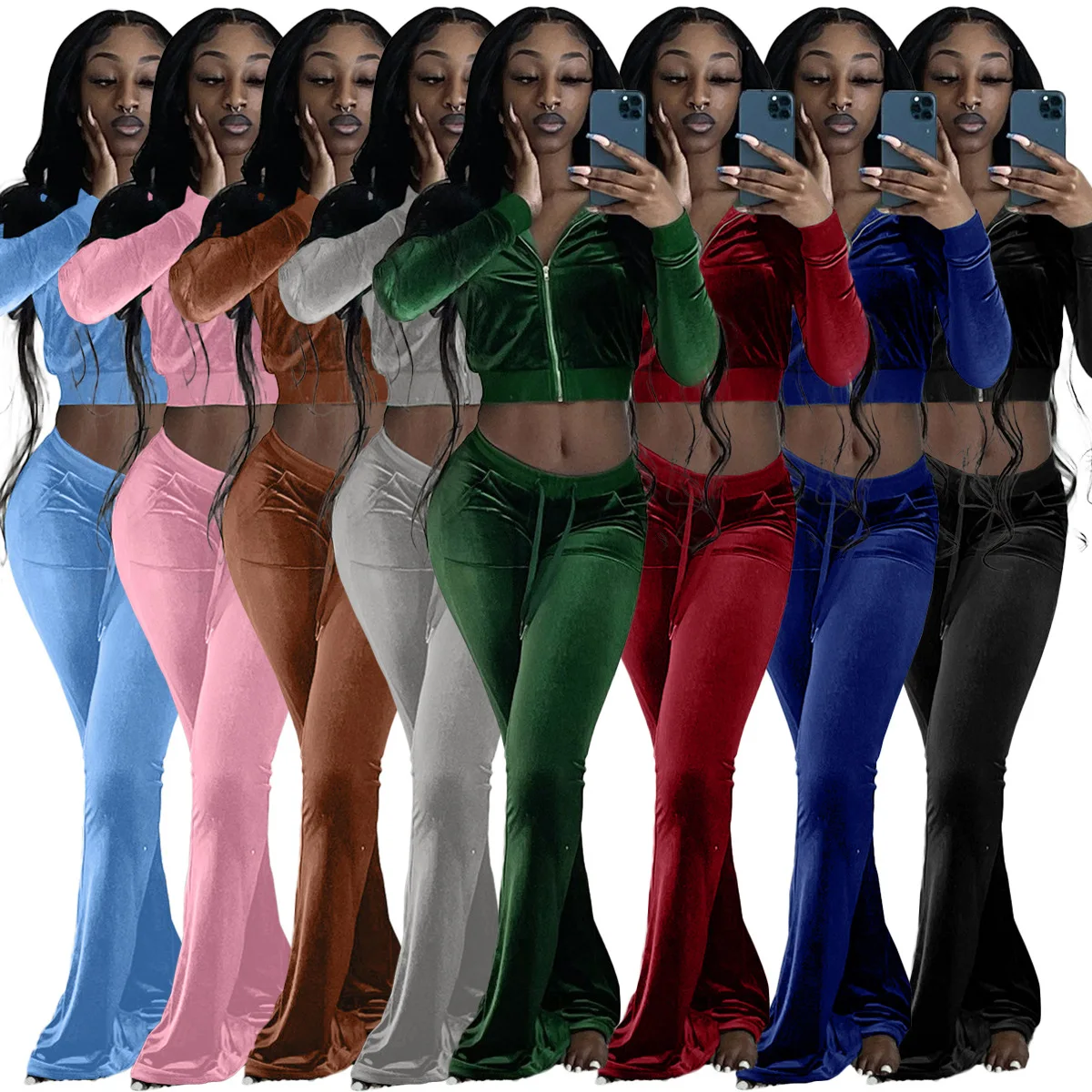 2021 Fall women clothing velour tracksuit long sleeves hoodie sweatsuit crop top 2 piece pants set outfit  velvet two piece set