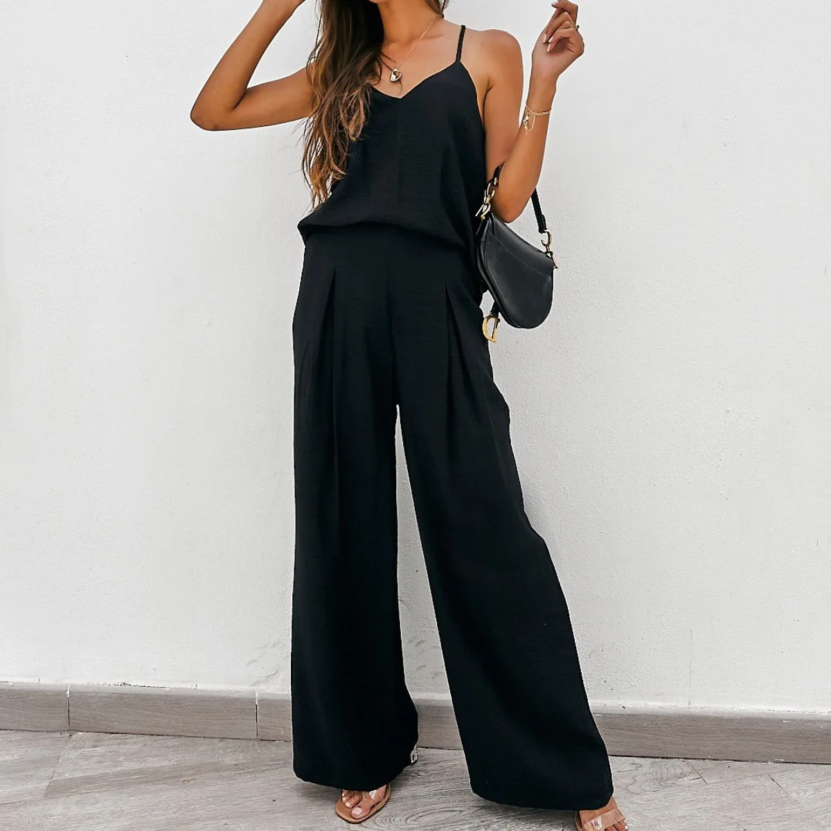 PASUXI 2025 Newest Lady Suspenders Strapless Tight Vest Top Wide Leg Pants Suit Women Plus Size Two Piece Set