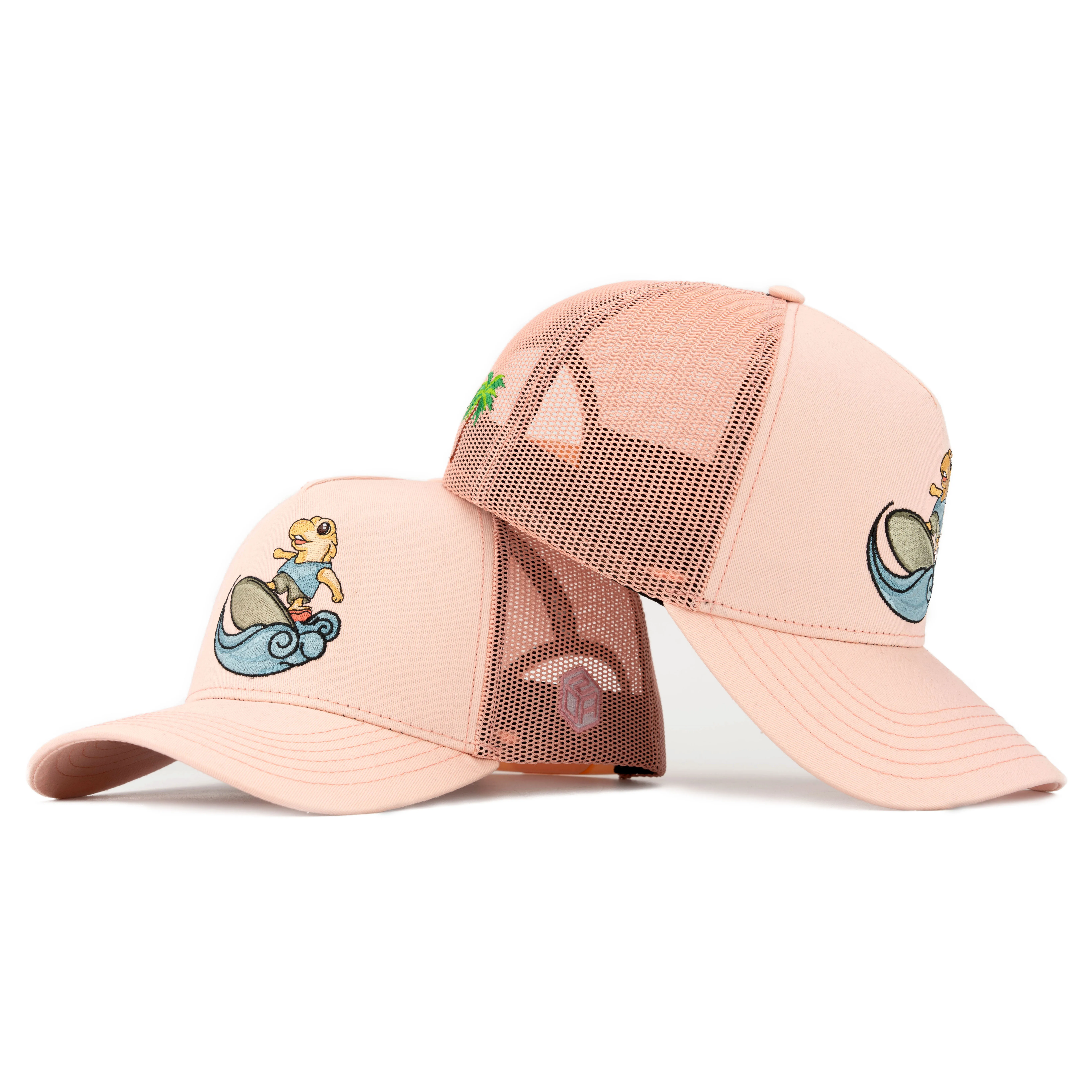 TCAP China Custom 5 Panel Cotton Fabric Cap Flat Embroidery Pink Trucker Hat