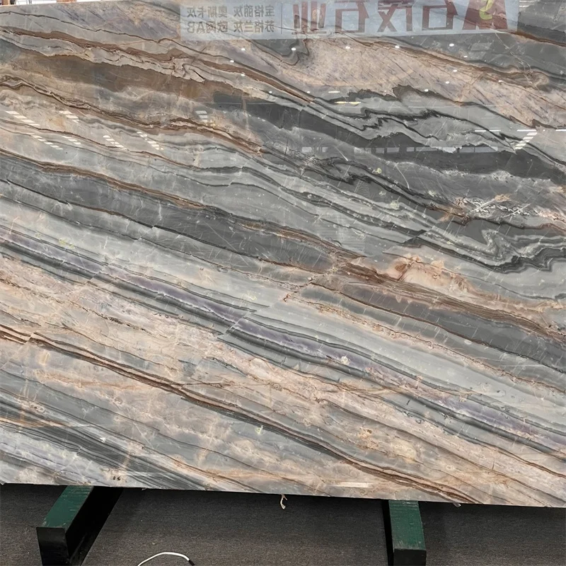 Luksusowe płyty z marmuru Lafite w technice book match do projektowania tła ściany hotelowej oraz niebieskiego marmurowego blatu