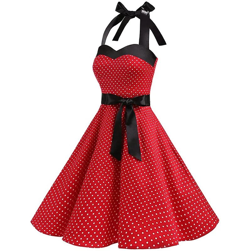 Womens 1950s Vintage Cocktail Dresses Halter Neck Top Rockabilly Clothing Polka Dot Skirt Retro Clothes Party Dress Womens 1950s Vintage Cocktail Dresses Halter Neck Top Rockabilly Clothing Polka Dot Skirt Retro Clothes Party Dress