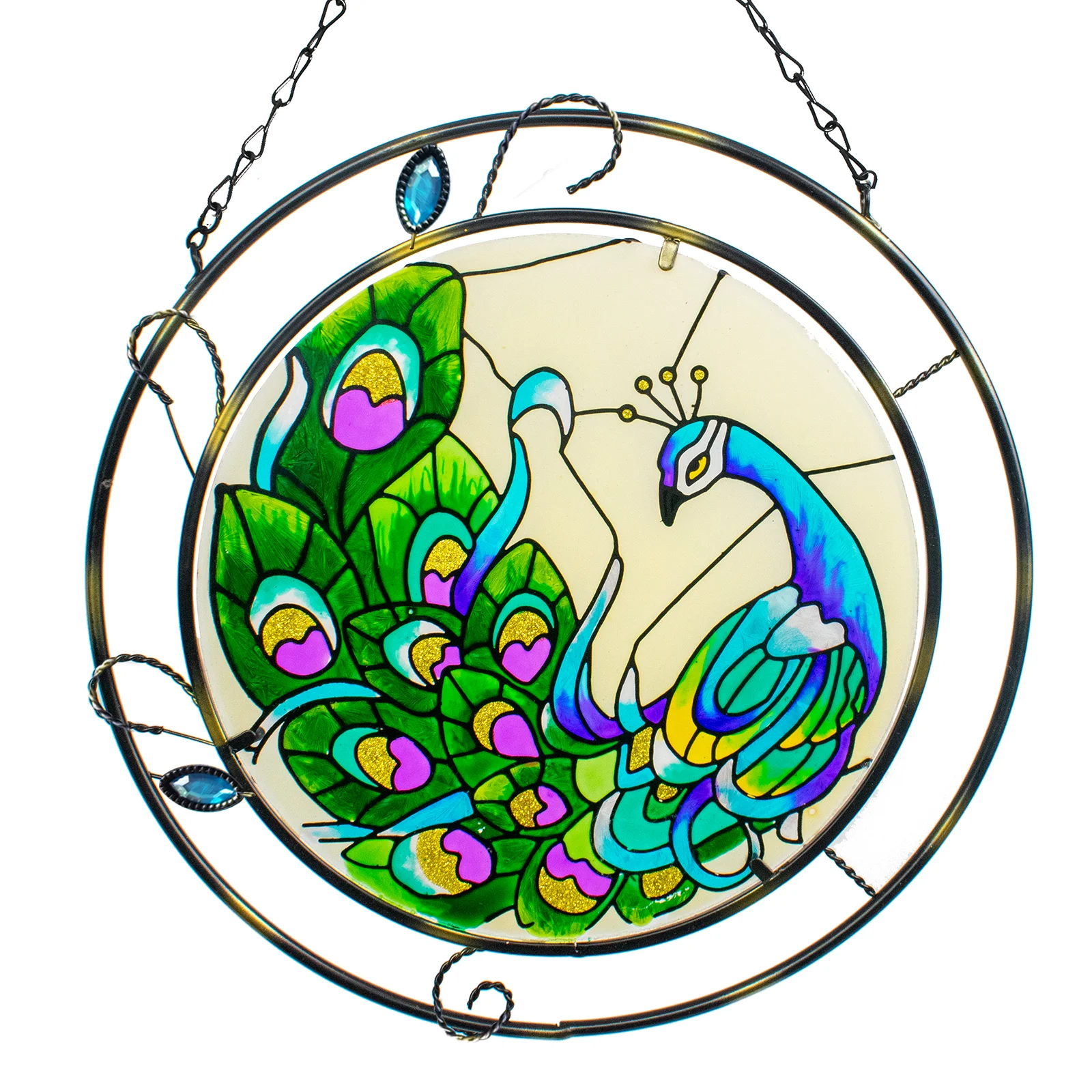 Peacock Handmade Stained Glass Wall Hanging Artwork, Window Suncatcher Panels with Chains