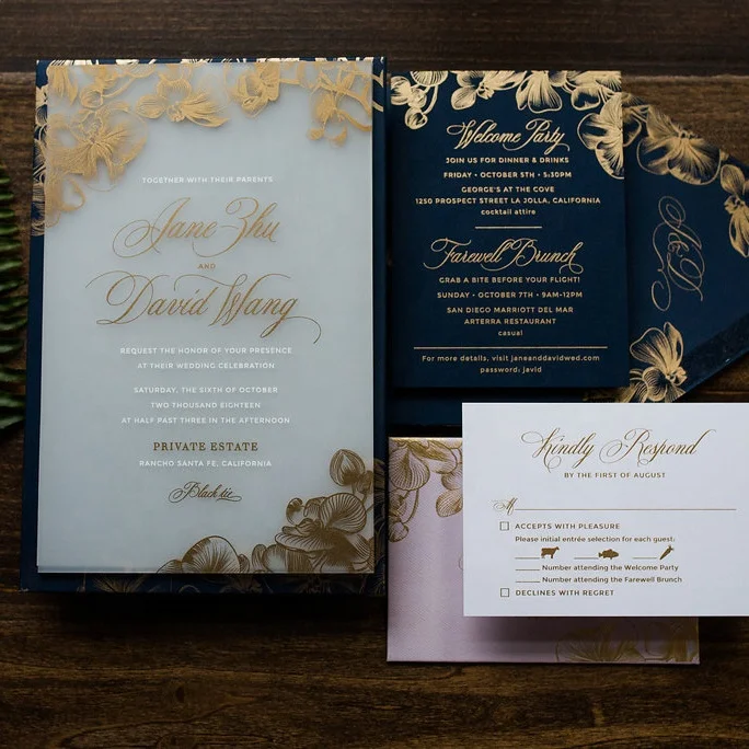 Personalized Wedding Card Suite Custom Acrylic Floral Wedding Invitation Card with Gold Foil