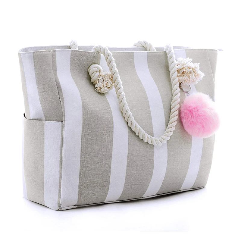 Summer Women's Custom Pocket Stripe Large Canvas Handbags Beach Bag Custom Canvas Tote