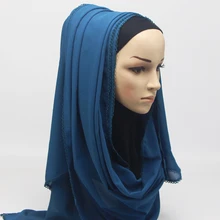 Malaysia Muslim Women's Shawls Spring Season Plain Chiffon Hijabs Curved Crimped Lace Wrapped Head Scarf Solid Color
