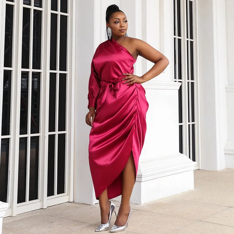 Hot Selling Polyester Spandex Woven One-shoulder Asymmetric Dresses Plus  Size Sexy Straight Women Evening Dress