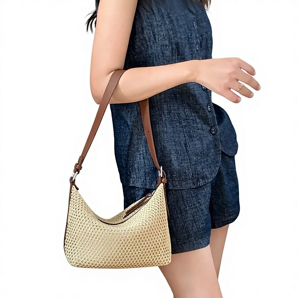 Vintage Bohemian Fashion Mesh Niche Summer Straw Zipper Closure Shoulder Woven Women’s Crossbody Dumpling Bag