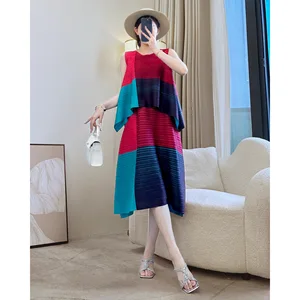 Miyake Fashion Women's Summer Casual Two-Piece Set Loose Short Pleated High-Waist Vest Solid High-End Generation Hair Suit Skirt