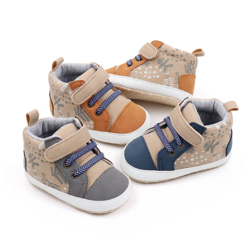 Patchwork Color Printing Decorative Baby Boys High-Top Soft-Sole Shoes for Walking