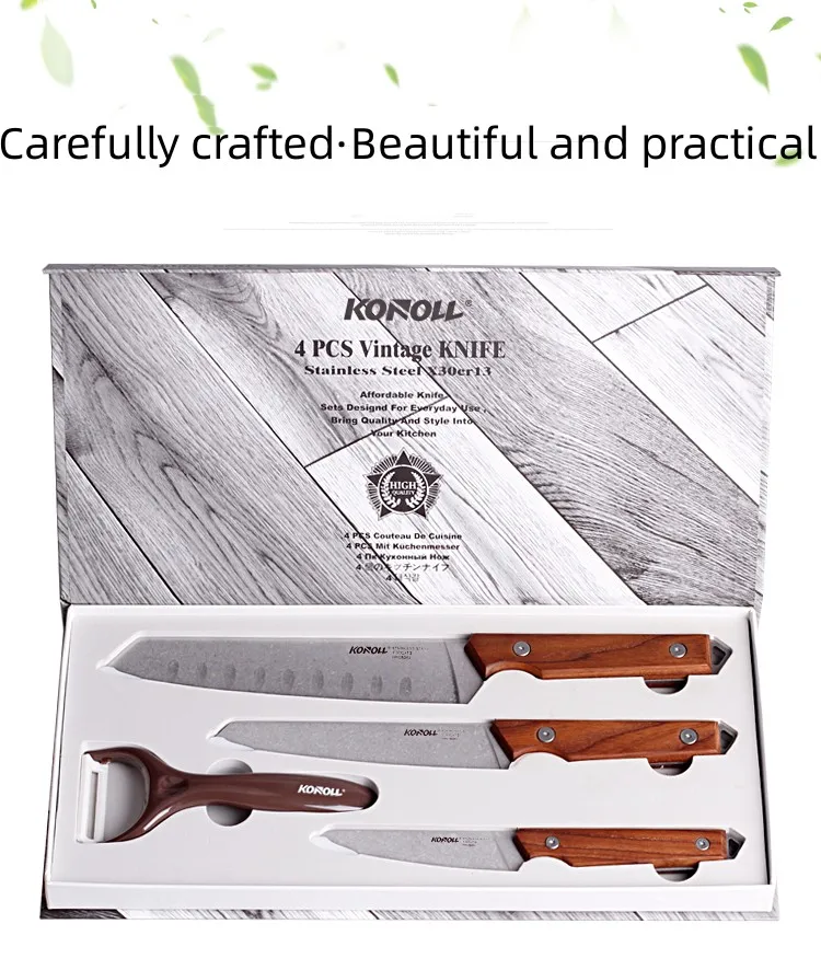 Gift Box Packing 4pcs Oak Wooden Handle Stainless Steel Kitchen Knife Set With Peeler Buy 4pcs