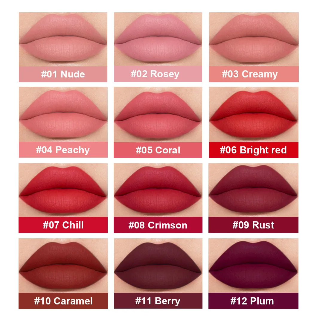Low MOQ Nude Matte Lipstick 12 Colors Sex Red Long Wearing Kiss-proof Liquid Lipstick Private Label