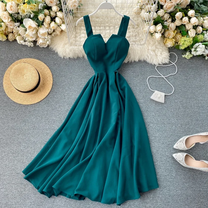 Summer Women V-Neck Sleeveless Backless Retro Solid Color Female Casual  Dresses