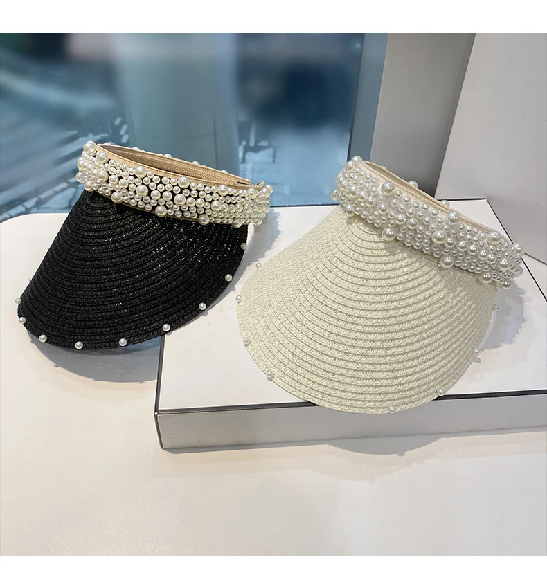 Custom Fashion Pearl Straw Hat Women's Summer Travel Vacation Empty Top Cap Sunscreen Sunshade Sun Visor Hat