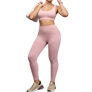 Wholesale Women's Yoga Two Piece Sets:  Pink Striped Twist Design Beautiful Back Bra and Tight High Waist Pants for Gym Wear