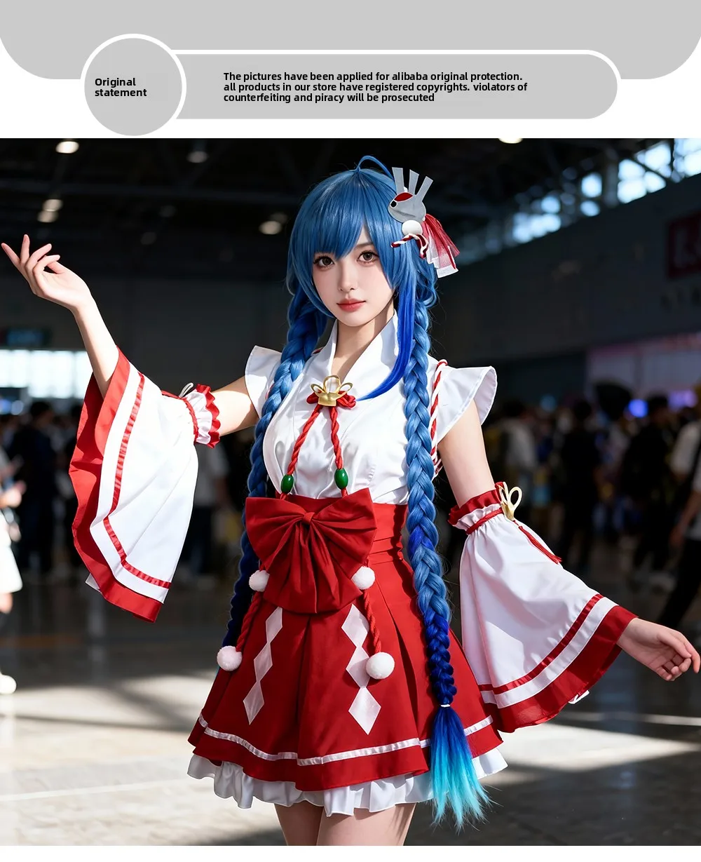 コスプレ衣装 mikoto L Classic Japanese Miko Outfit Multiple Accessories Blue Wig Top