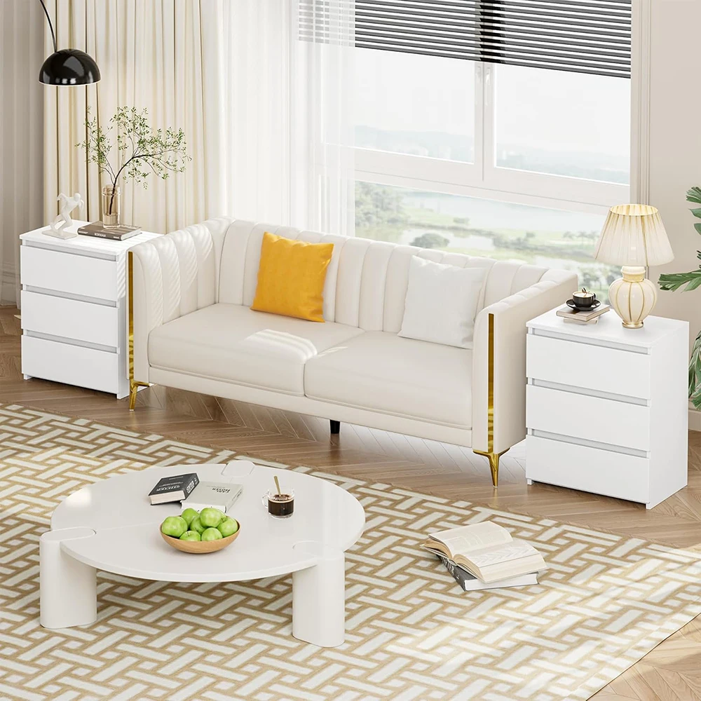 product white wooden modern 3 drawer nightstand with cut out handle for apartment bedroom sofa side table-6