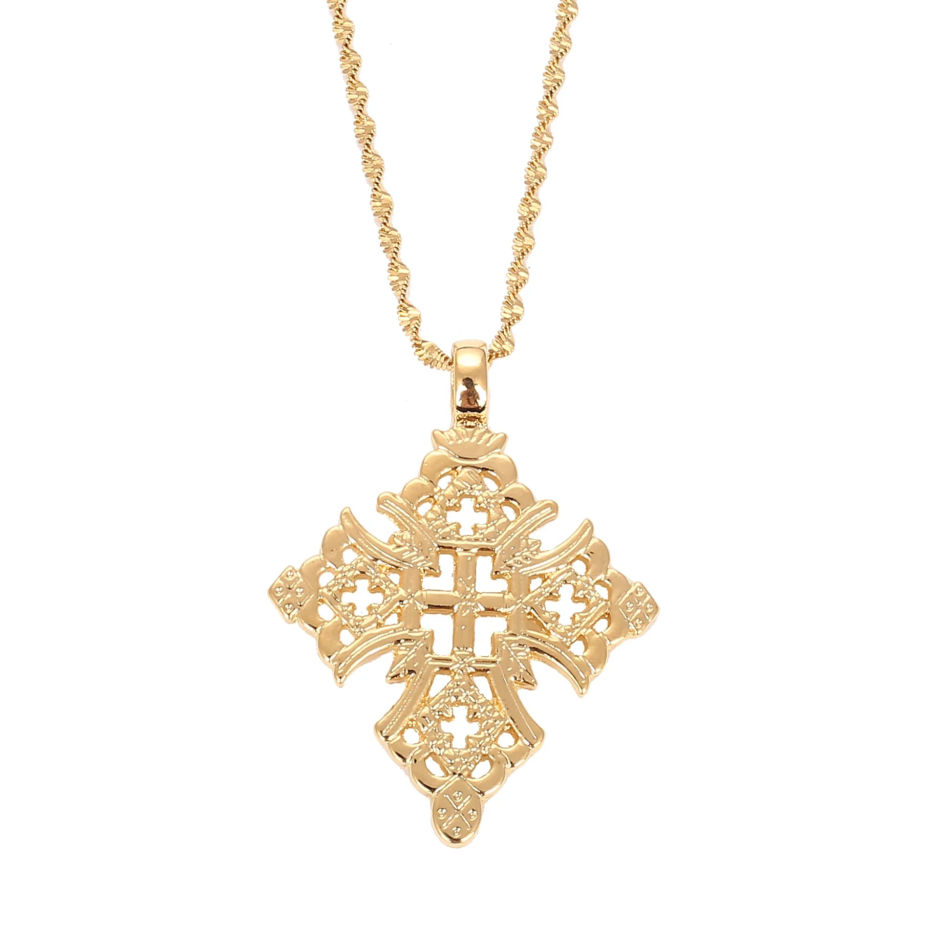 Gold Plated Filled Ethiopian Cross Pendant Necklaces Chain 