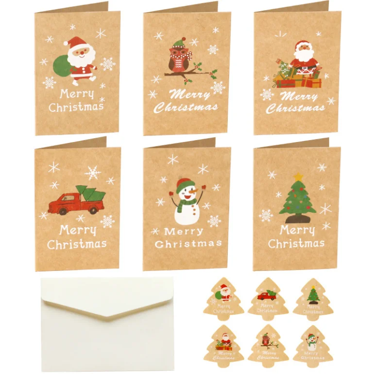 Christmas greeting custom kraft paper Christmas cards message cards Christmas stickers envelopes holiday cards 6 sets