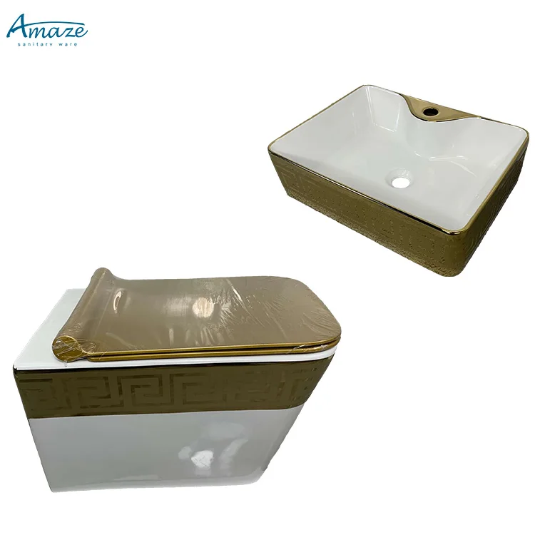 Modern wall hung toilet set match basin ceramic gold color wash basin golden bathroom sink manufacture