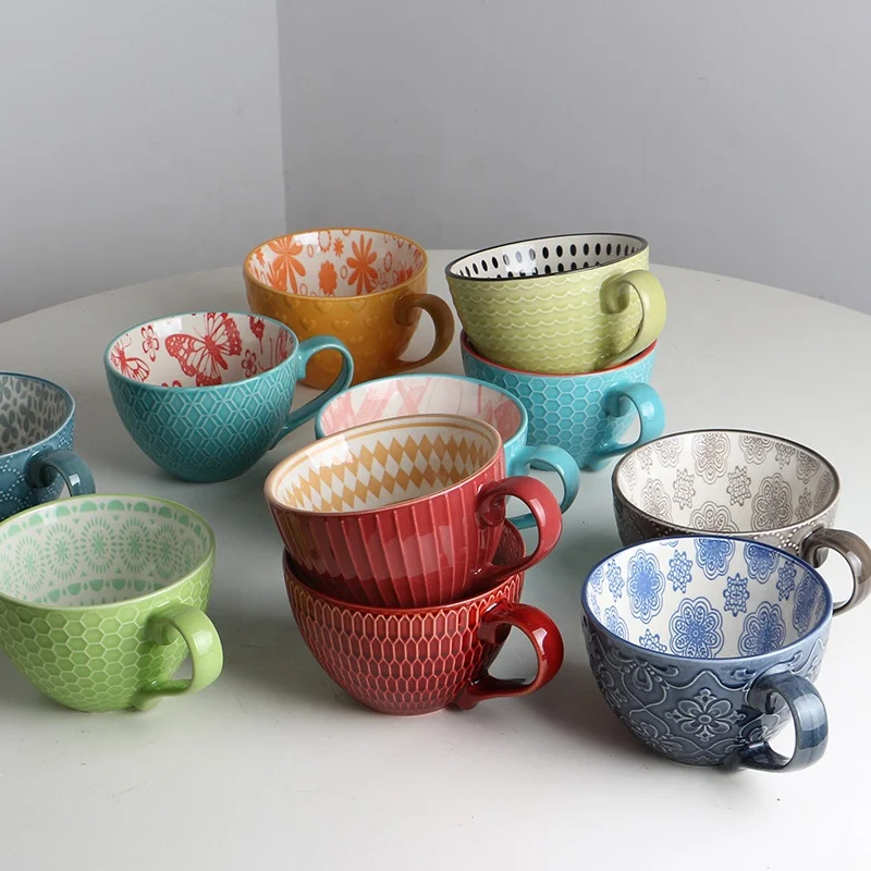 Hot Selling Retro Creative Embossed Ceramic Milk Dessert Cup