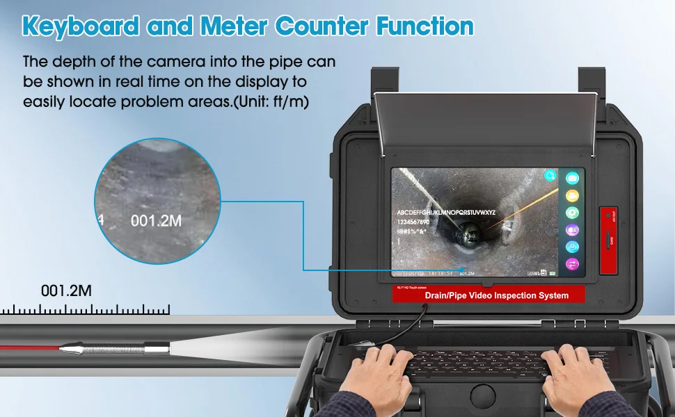 Self-leveling&512Hz Sonde&Locator Sewer Camera 10.1inch Touch Screen Meter Counter Pipe Inspection Video Camera 16GB Card Drain Camera Factory Directly