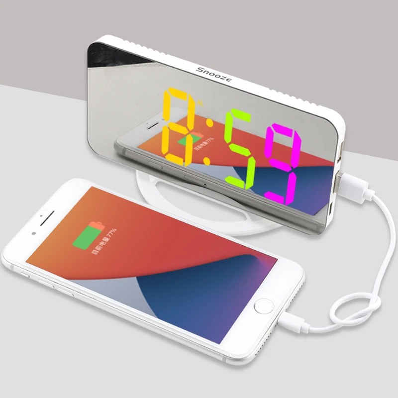 Big Display Digital Clock RGB Color Font with Two USB Ports Charging Travel LED Mirror Alarm Clock for Bedside