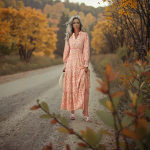 Women's Autumn Floral Chiffon A-line Maxi Dress V-Neck Long Sleeve Casual Natural Plain Dyed Flowy Boho Style Party Woven 100%