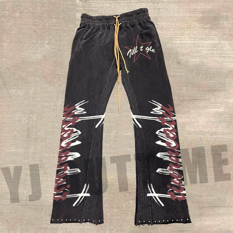 Custom Oversize  Terry Screen Print Vintage Flare Hoodie Sweatsuit Acid Washed Tracksuit Men