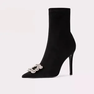 Woman's Winter Warm Ankle Boots Slip-On Breathable Furry Upper Rhinestone Buckle Decor Pointed Toe Design Bulk Wholesale