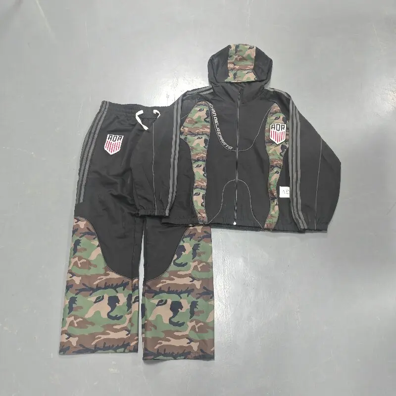 Camouflage Blocked Nylon Windbreaker Matching Joggers Pant Set Lightweight Breathable Jogging Tracksuit Men Streetwear Apparel