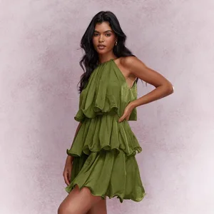 Hanging Neck Sleeveless Short Skirt High-end Chiffon Ruffle Hem Elegant Dress for Women Summer Mini Dresses Boho