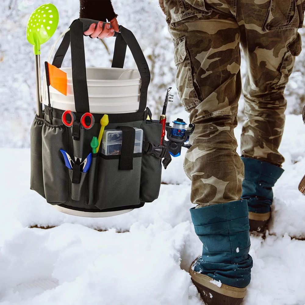 Ice Fishing General Fishing Bucket Tool Organizer, Multiple pockets,  Adjustable Bucket Caddy Tackle Bag for 5