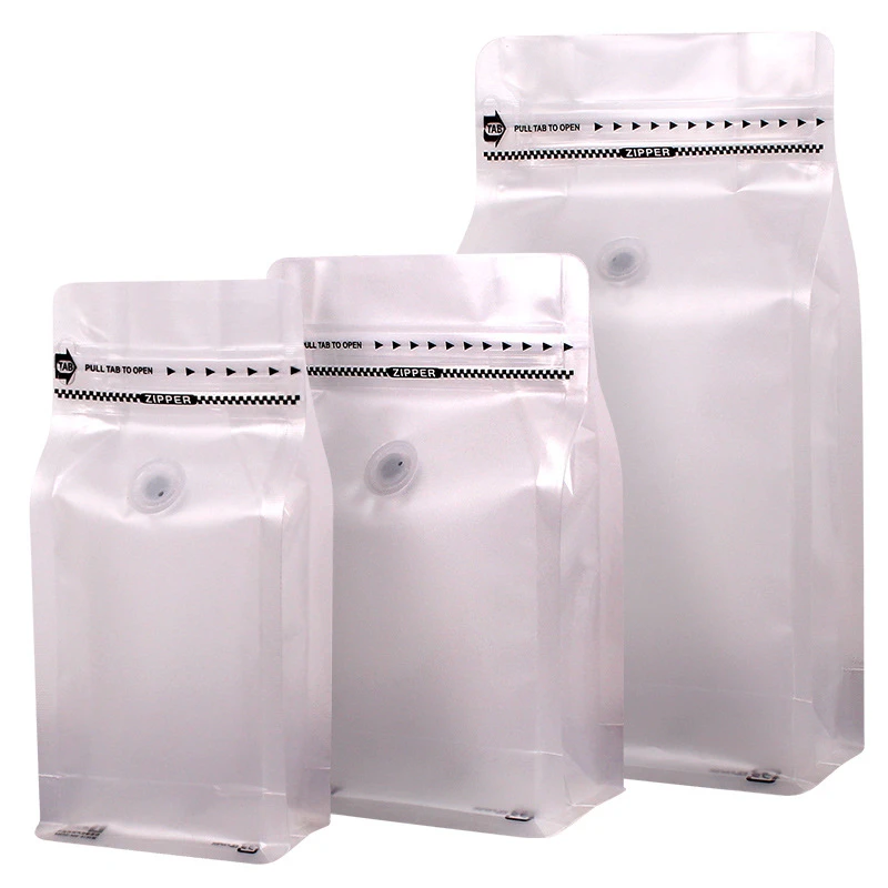 Custom Plastic Matte Frosted Transparent Clear Flat Bottom Translucent Coffee Bean Bags Packaging 250G With Valve and Zipper