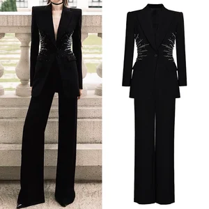 Fine Workmanship Rhinestone Bead Lady Office Women Solid 2pcs Suit Notched Long Sleeve Single Button Blazer Wide Legs Pants