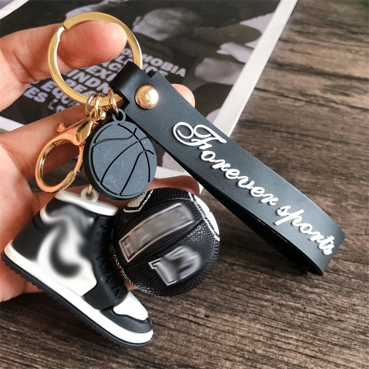 Popular Custom Designer logo Mini 3d Rubber Basketball Shoe Keychain with Ball