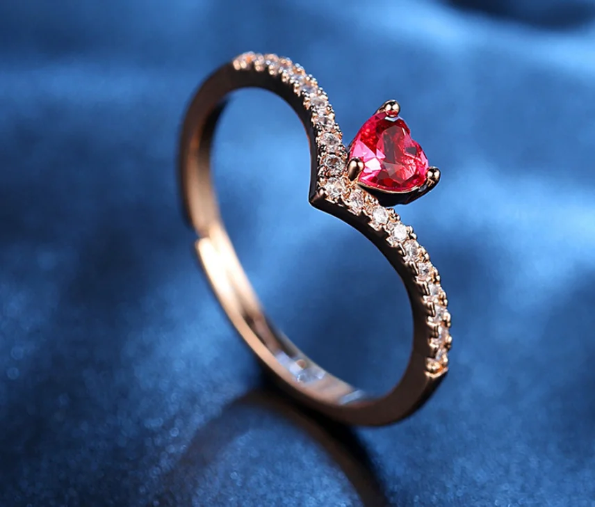 Valentines' Day Gift Rose Gold Zircon Heart Opening Ring Adjustable Red  Crystal Love Heart Finger Rings
