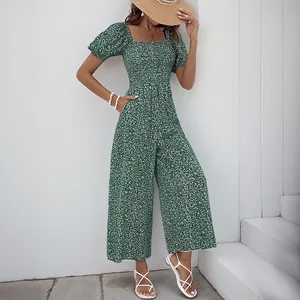 Elastic Shirring Jumpsuit Square Neck Bubble Sleeve Wide Leg Printed Jumpsuits for Women