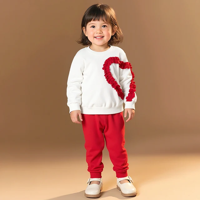 Children Girls Clothing Set Long Sleeve Sweatshirt Heart-shaped Pattern Design and Sweatpants Sweet Outfit for 2-7Y