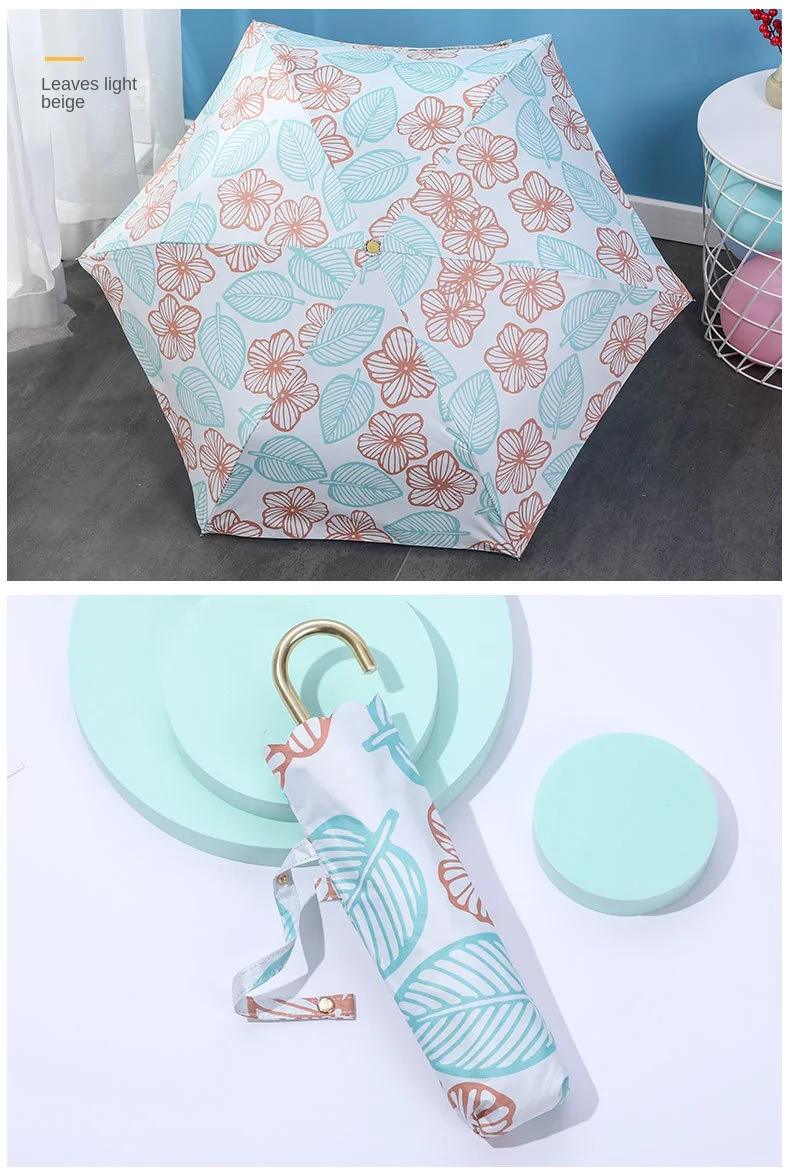 Printing 6k Three Folding Pocket Rain Ladies Sun Umbrellas Semi-Automatic J Shape Handle Umbrella