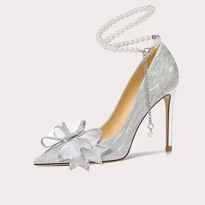 OEM/ODM Large Size Silver Women Slip-On Bridesmaid Wedding Heels Pointed Hollow Sandals Comfortable