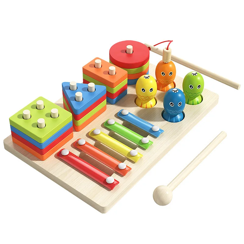 CPC CE Ensemble de pêche Colonne Bloc de construction Xylophone Percussion Musical 3 en 1 Bois Montessori Jouets pour enfants