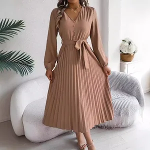 Elegant Women's Winter Maxi Dress Long Sleeve Belted Vestido Elegante Casual Style Plain Dyed XL Size Natural Waistline