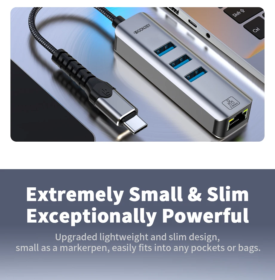 DOONJIEY USB 3.0 Aluminum Alloy Ethernet Adapter with 3-Port Type-C Gigabit Ethernet RJ45 Docking Station in Stock